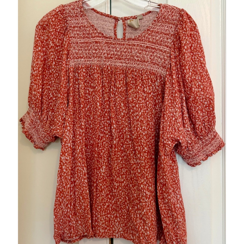 Dolan Left Coast Orange White Smocked Blouse Abstract Dot Print Top Large Womens